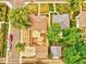 Aerial view featuring back yard, patio and fire pit surrounded by well-maintained homes and lush greenery at 1600 Xanthia St, Denver, CO 80220