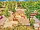 Aerial view showcasing the backyard with a patio, fire pit, and lush landscaping at 1600 Xanthia St, Denver, CO 80220