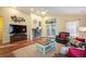 Warm living room boasts a fireplace, hardwood floors, and an open layout, creating an inviting space for relaxation and gatherings at 6480 Moss Cir, Arvada, CO 80007
