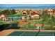 Aerial view of community amenities including pool, playground, tennis court, and green space at 24273 E Fremont Dr, Aurora, CO 80016