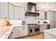 Modern kitchen features a stainless steel range, custom range hood, and stone backsplash at 24273 E Fremont Dr, Aurora, CO 80016