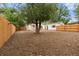 Expansive fenced backyard featuring a mature shade tree, wood fence, landscaping feature, and detached garage at 3287 S Humboldt St, Englewood, CO 80113