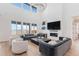 Cozy living room with large windows, a modern fireplace, and comfortable gray sofas at 89 Clara Pl, Castle Pines, CO 80108