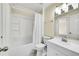 Bathroom with shower-tub combo, white vanity, and modern lighting at 1244 S Argonne Cir, Aurora, CO 80017