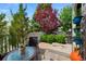 Charming patio surrounded by trees and colorful plants at 150 Blue Spruce Ct, Highlands Ranch, CO 80126