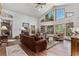 Bright living room with vaulted ceilings, large windows, and a cozy fireplace at 533 Tenderfoot Dr, Larkspur, CO 80118