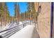 Snowy balcony overlooking towering pines, offering a tranquil view of the winter landscape right outside the home at 55 Blue Flag Dr, Breckenridge, CO 80424