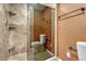 Bathroom shower featuring stone tiling, shower head, and glass door at 5078 Zion Ct, Castle Rock, CO 80109