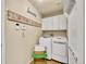 A modern laundry room with white cabinets and appliances plus decorative wall art at 9845 Glenstone Trl, Highlands Ranch, CO 80130