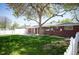 Expansive backyard featuring a lush lawn, large tree, and a covered patio, all enclosed by a pristine white fence at 509 Newland St, Lakewood, CO 80226