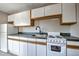 The kitchen features bright white cabinets, a modern faucet, a white range, and a refrigerator at 214 N Main St # 14, Breckenridge, CO 80424