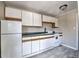 Kitchen with white cabinets, dark countertops, and white appliances, complemented by light wood trim at 214 N Main St # 14, Breckenridge, CO 80424