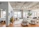 A bright living room featuring modern decor, concrete ceilings, hardwood floors and city views through expansive windows at 1499 Blake St # 6A, Denver, CO 80202