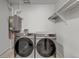 A well lit laundry room featuring modern washer and dryer appliances and a water heater at 933 Canal West Dr, Brighton, CO 80603