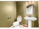 Stylish powder room with a pedestal sink, toilet, and textured green walls at 664 Clarendon Dr, Longmont, CO 80504