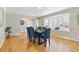 Sunlit dining room featuring hardwood floors, large bay window, and stylish blue dining set at 7867 S Poplar Way, Centennial, CO 80112