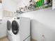 Well-equipped laundry room with modern washer and dryer units and ample shelving for storage at 5738 Urban Ctr, Arvada, CO 80002