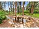 Backyard featuring a rock-lined pond, towering trees, and a playset at 19070 White Fawn Dr, Monument, CO 80132