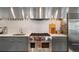 Modern kitchen with stainless steel appliances, granite countertops, and gray cabinets at 3109 E Warren Ave, Denver, CO 80210