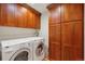 Well-equipped laundry room featuring a washer, dryer, and ample storage cabinets, ensuring functionality and convenience at 11796 W 53Rd Pl, Arvada, CO 80002