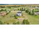Drone image showing the large grassy yard, outdoor amenities and surrounding neighborhood at 36545 Winchester Rd, Elizabeth, CO 80107