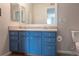 Bathroom features a double vanity with bright blue cabinets and modern fixtures at 10035 E Carolina Pl # 201, Aurora, CO 80247