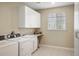 Well-lit laundry room with white cabinets, a sink, counter space, and a window at 7965 S Vandriver Way, Aurora, CO 80016