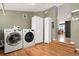Well-equipped laundry room featuring modern washer/dryer, storage cabinets, and hardwood floors at 3109 N Williams St, Denver, CO 80205