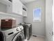 This laundry room features modern washer and dryer, with built in shelving and a window with a view at 1996 W 66Th Ave, Denver, CO 80221