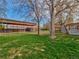 Expansive grassy backyard with mature trees and a covered area, perfect for outdoor activities at 940 S Geneva St, Aurora, CO 80247