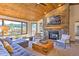 Cozy living room with stone fireplace and mountain views at 6220 Arapahoe Dr, Evergreen, CO 80439