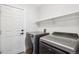 Convenient laundry room with modern washer and dryer units, shelving, and a utility sink at 7453 S Norfolk St, Aurora, CO 80016