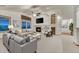 Cozy living room with fireplace, ceiling fan, and sliding glass doors that let in natural light and views at 1838 Mountain Daisy Ct, Highlands Ranch, CO 80129