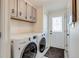 Bright laundry room with gray cabinets and a new, front-load washer and dryer near entry door at 16491 County Road 32, Platteville, CO 80651