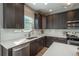 Modern kitchen featuring stainless steel appliances, white countertops, and dark cabinetry for a sleek and stylish design at 7958 Tejon St, Denver, CO 80221