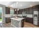 Modern kitchen featuring dark cabinets, stainless steel appliances, and a center island with a geometric design at 7958 Tejon St, Denver, CO 80221