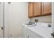 A laundry room with white washer and dryer units, and above storage cabinets at 13952 E Marina Dr # 509, Aurora, CO 80014