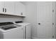 Bright laundry room featuring white cabinetry and appliances and neutral walls at 1160 Spencer Pl, Erie, CO 80026