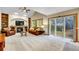 Comfortable living room with a stone fireplace, built-in bookshelves, plush seating, and natural light from a glass door at 1101 Ridgeview Cir, Broomfield, CO 80020