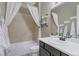 Simple bathroom with single vanity and tub shower combo at 21589 E Union Pl, Aurora, CO 80015