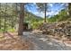 View of a shed with stacked firewood and a stone wall amidst a wooded area at 55 Two Moon Rd, Idaho Springs, CO 80452