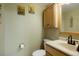 Bathroom with a toilet, sink, vanity, and a framed mirror, decorated with rustic artwork at 41504 Vista Ridge, Parker, CO 80138