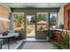 Enclosed patio with a view of a landscaped backyard and dining area at 1430 Mount Evans Dr, Longmont, CO 80504