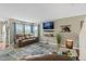 Cozy living room with brown leather sofa, stylish rug, TV, decorative shelves, and ample natural light at 5864 Turnstone Pl, Castle Rock, CO 80104