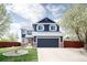 Charming two-story home with a well-maintained lawn, garden bed and a blue exterior and white trim at 21742 E Lehigh Pl, Aurora, CO 80018