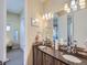 Stylish bathroom featuring dual sinks with granite countertops, modern fixtures, and decorative mosaic tile at 28665 Tepees Way, Evergreen, CO 80439