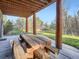 Covered patio featuring log beams, picnic table, and views of a wooded area at 7076 Boreas Rd, Larkspur, CO 80118