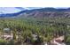 Scenic aerial view of a house nestled among the trees with a mountain backdrop at 4966 Delaware Dr, Larkspur, CO 80118