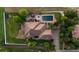 Aerial view of a stunning home with a swimming pool, lush landscaping, and a well-manicured lawn at 5653 Yank St, Arvada, CO 80002