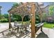 Charming outdoor patio with pergola, table, chairs, bench, and lush landscaping for entertaining at 531 Saber Creek Dr, Monument, CO 80132